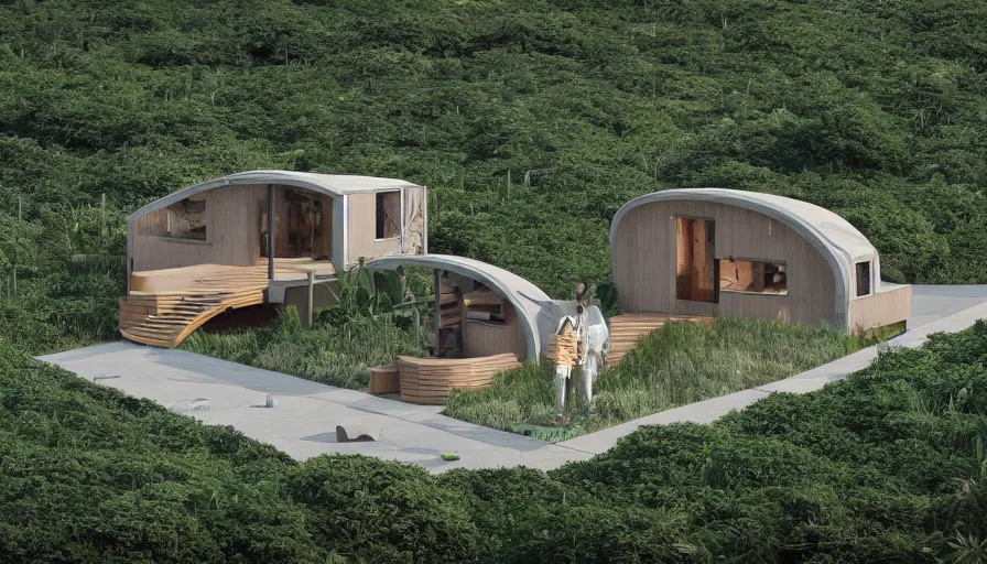 Image similar to A wide image of an eco-community neighborhood of innovative contemporary 3D printed prefab sea ranch style cabins with rounded corners and angles, beveled edges, made of cement and concrete, organic architecture, in a lush green eco community, Designed by Gucci and Wes Anderson, golden hour