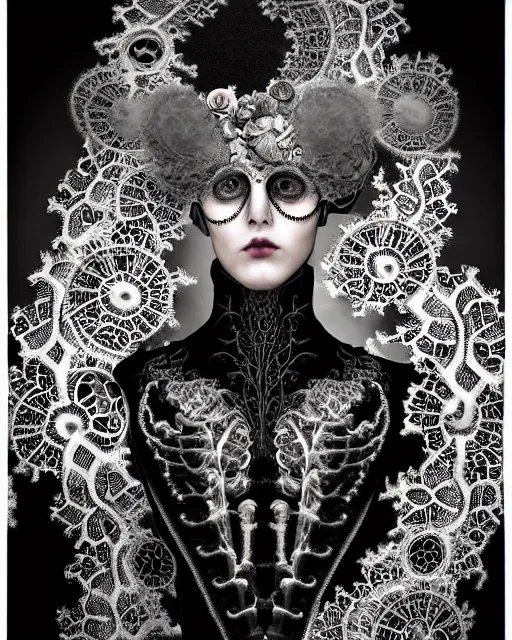 Image similar to surreal dark poetic black and white photo portrait of complex bio-mechanical beautiful young silver female vegetal-cyborg with a Mandelbrot fractal steampunk metal fine lace face, a very long neck and a fine metal floral foliage super big lace collar by Vivienne Westwood:: smoke, high fashion, haute couture, rococo, steampunk, avant-garde, silver filigree details, anatomical, facial muscles, cable wires, microchip, elegant, dreamy, foggy atmosphere, hyper realistic, 150 mm lens, soft rim light, octane render, unreal engine, picture was taken in 1910 by Man Ray, volumetric lighting, dramatic light,8k,