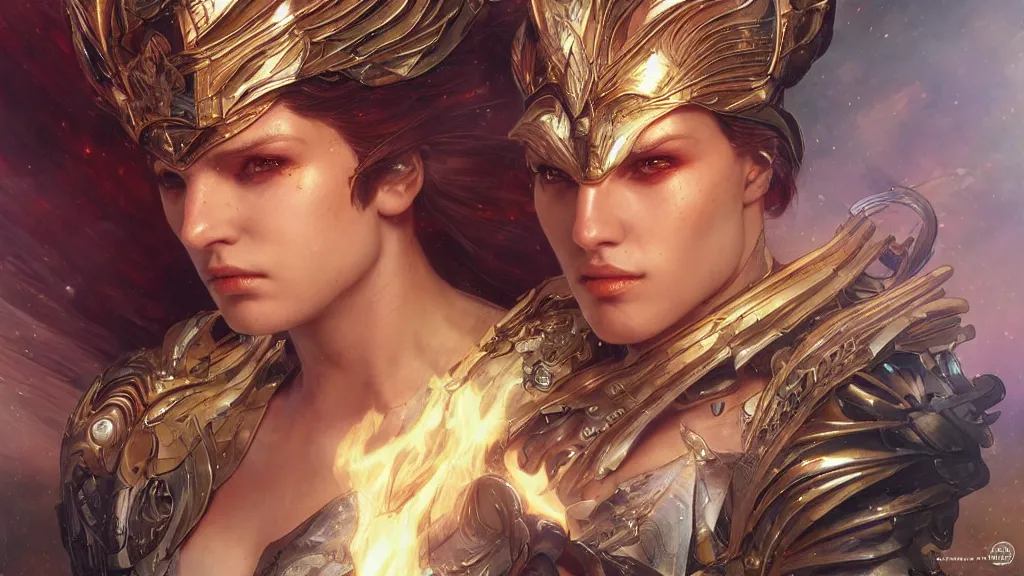 Image similar to close up to a male valkyrie with fire hair, cyberpunk dark fantasy, art by artgerm and karol bak and moebius and alphonse mucha and greg rutkowski, hyperdetailed, ultrarealistic, octane render