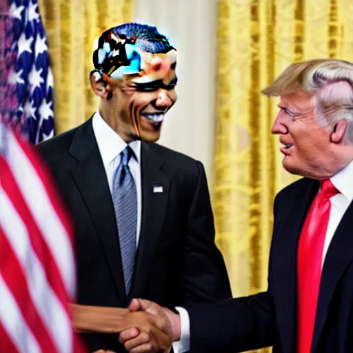 Prompt: barack obama and donald trump shaking hands at a party in the white house, photo
