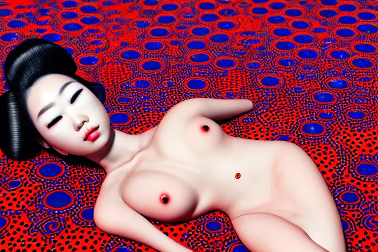 Image similar to hyperrealistic detailed image of a geisha laying in a room, background by yayoi kusama, part by kei mieno, part by ross tran, part by james jean, ultra realistic, highly detailed, symmetrical face, detailed body, 3 d render, very cohesive, masterpiece