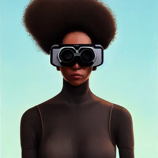 Image similar to Beautiful woman wearing opaque reflective goggles profile picture by Greg Rutkowski, brown skin, long afro hair, asymmetrical, futuristic, cool colors, streetwear, studio ghibli, Organic Painting , Matte Painting, geometric shapes, hard edges, street art, trending on the artstation, fantasy LUT, realistic by Sachin Teng + Martin Grip + Moebius, techwear, Industrial Scifi, detailed illustration, character portrait,