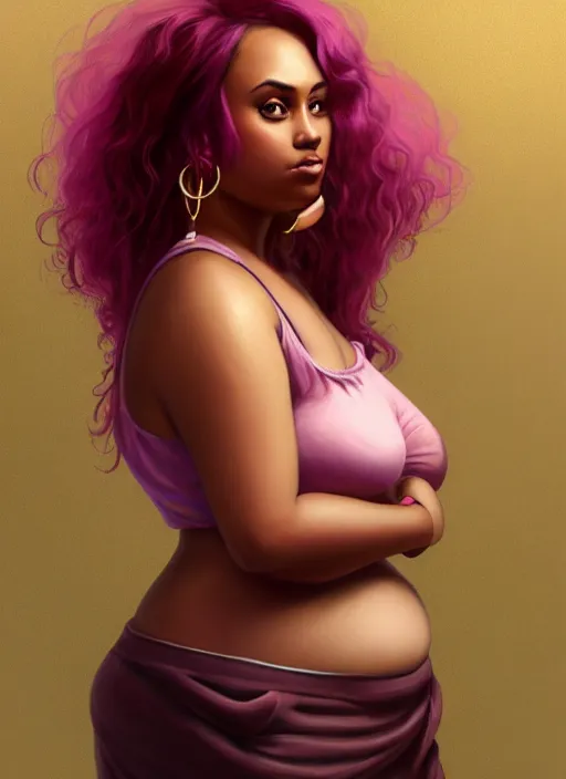 Image similar to full body portrait, teenage vanessa morgan, pink hair, brown skin, obese, curly pixie hair, sultry, realistic, short hair, hoop earrings, skirt, shirt, fat, belly, intricate, elegant, highly detailed, digital painting, artstation, concept art, smooth, sharp focus, illustration, art by wlop, mars ravelo and greg rutkowski