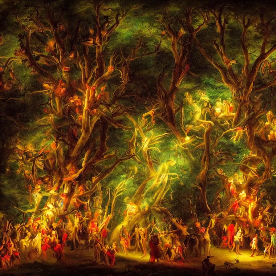 Image similar to closeup of a night carnival inside a tree cavity in a magical forest in the middle of a summer storm, with a music scenario with many fireworks and christmas lights, volumetric lightning, instense god rays in the sky, folklore people disguised with fantastic creatures in a magical forest by summer night, masterpiece painted by ary scheffer, very coherent and colorful high contrast masterpiece,