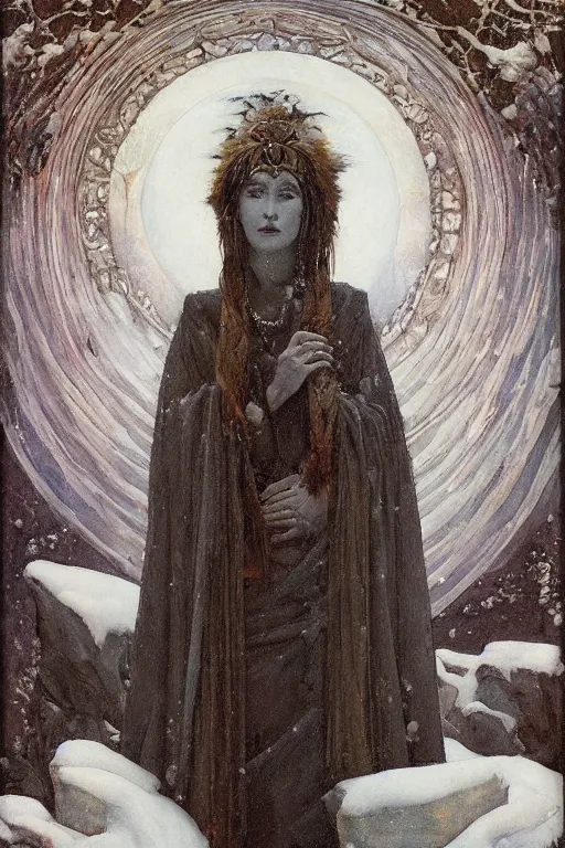 Image similar to goth queen of winter in the snow by Annie Swynnerton and Nicholas Roerich, strong dramatic cinematic lighting , ornate headdress , flowing robes, lost civilizations, smooth, sharp focus, extremely detailed