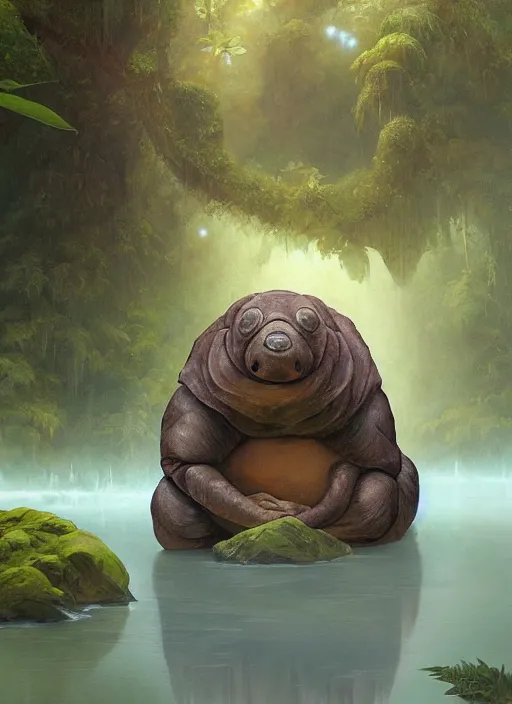 Prompt: a tardigrade meditating near a river in the amazon jungle, art by christophe vacher