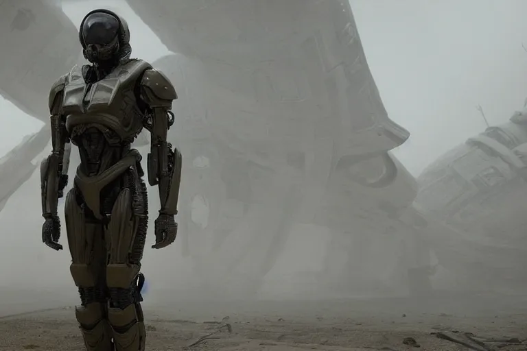 Image similar to vfx movie, sci - fi super soldier in worn military futuristic armor, in alien technology temple, by emmanuel lubezki