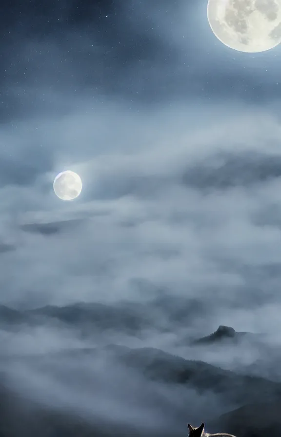 Image similar to a photograph of a wolf at full moon in a mountainous environment, full moon with fog and clouds, concept art, epic lighting, cinematographic