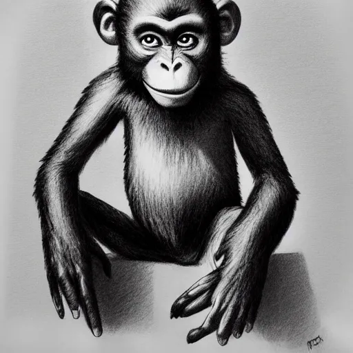 Image similar to happy monkey smiling giving a thumbs up, pencil drawing, dramatic lighting