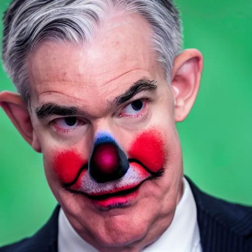 Image similar to Jerome Powell with colorful clown makeup whiteface all over his face