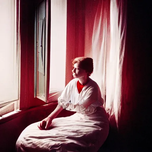 Image similar to woman wearing white and red looking outside the window in her bedroom at night, elegant, highly detailed, 8 k, photorealistic, photography, real picture, heavy grain, studio lighting, hdr, photographed by steve mccurry, annie leibovitz, henri cartier - bresson, robert capa, andreas gursky