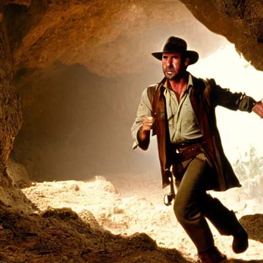 Image similar to indiana jones movie, running away from a builder in a cave