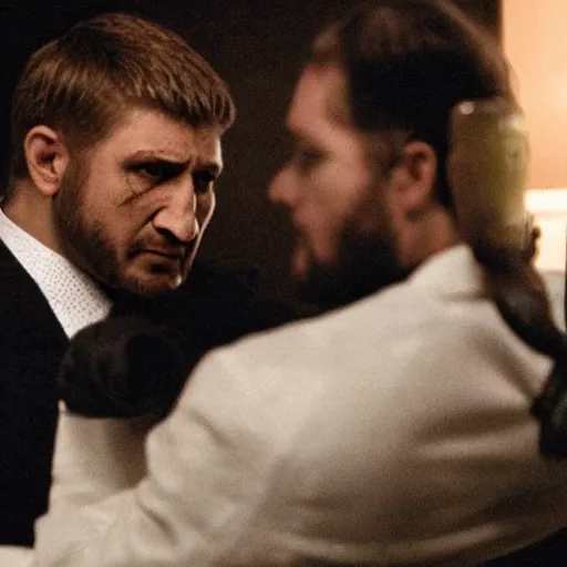 Image similar to Ramzan Kadyrov as The American Psycho, cinematic still