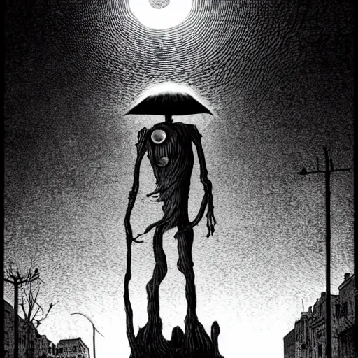 Image similar to creature standing in the middle of the street by Junji Ito and Keith Thompson, eerie, horror, scary, ominous, 8k, highly detailed