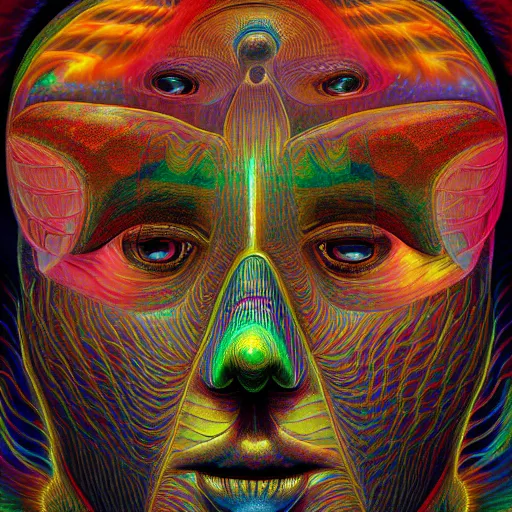 Image similar to face of god, dmt, shrooms, lsd, symmetry, impossible figure, colorful, highly detailed, grid, artstation hq, golden ratio