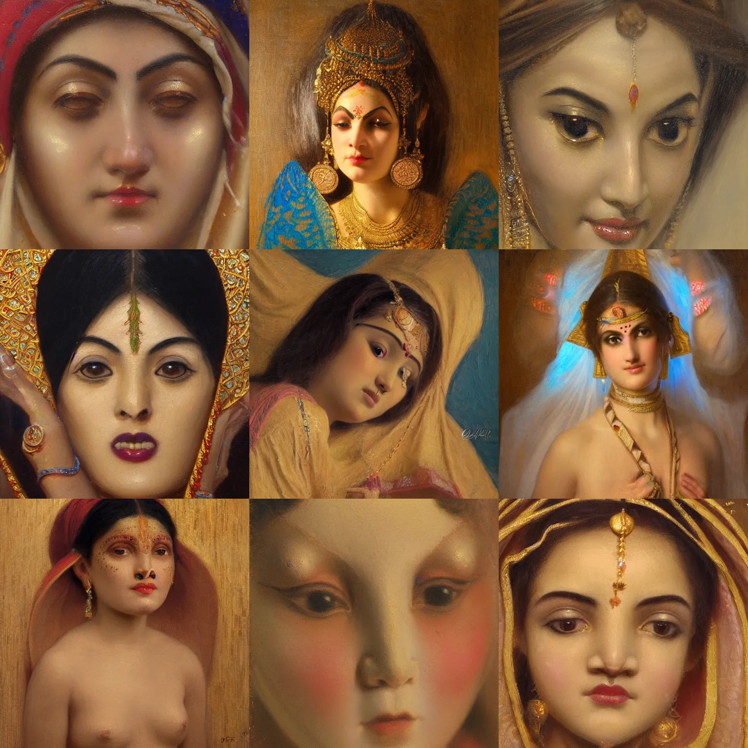 Prompt: orientalism cute female djinni face detail by edwin longsden long and theodore ralli and nasreddine dinet and adam styka, masterful intricate artwork. oil on canvas, excellent lighting, high detail 8 k