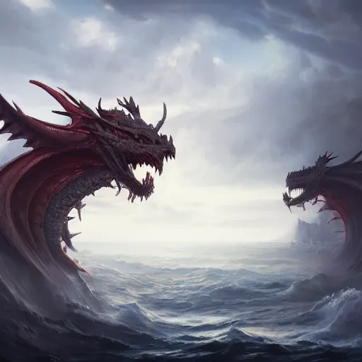 Image similar to A seven-headed dragon with ten horns coming out of the sea, well defined image , digital Art, Greg rutkowski, Trending artstation, cinematographic, hyperrealistic