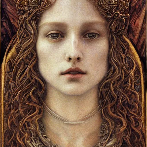 Image similar to detailed realistic beautiful young medieval queen face portrait by jean delville, brooke shaden, gustave dore and marco mazzoni, art nouveau, symbolist, visionary, gothic, pre - raphaelite, ornate gilded medieval icon