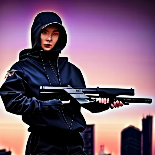 Prompt: photographic portrait of a techwear woman holding a shotgun, closeup, on the rooftop of a futuristic city at night, sigma 85mm f/1.4, 4k, depth of field, high resolution, full color, Die Hard, movies with guns, movie firearms