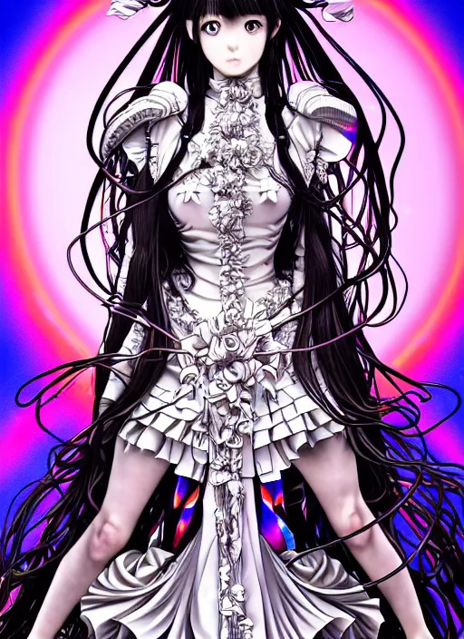 Image similar to highly detailed artstation manga poster of girl mechine, long hair, armor, dress, laces, ruffles, 8 k, rainbow gradient bloom, maximalist, takeshi obata, artgerm, hajime sorayama, alphonse mucha