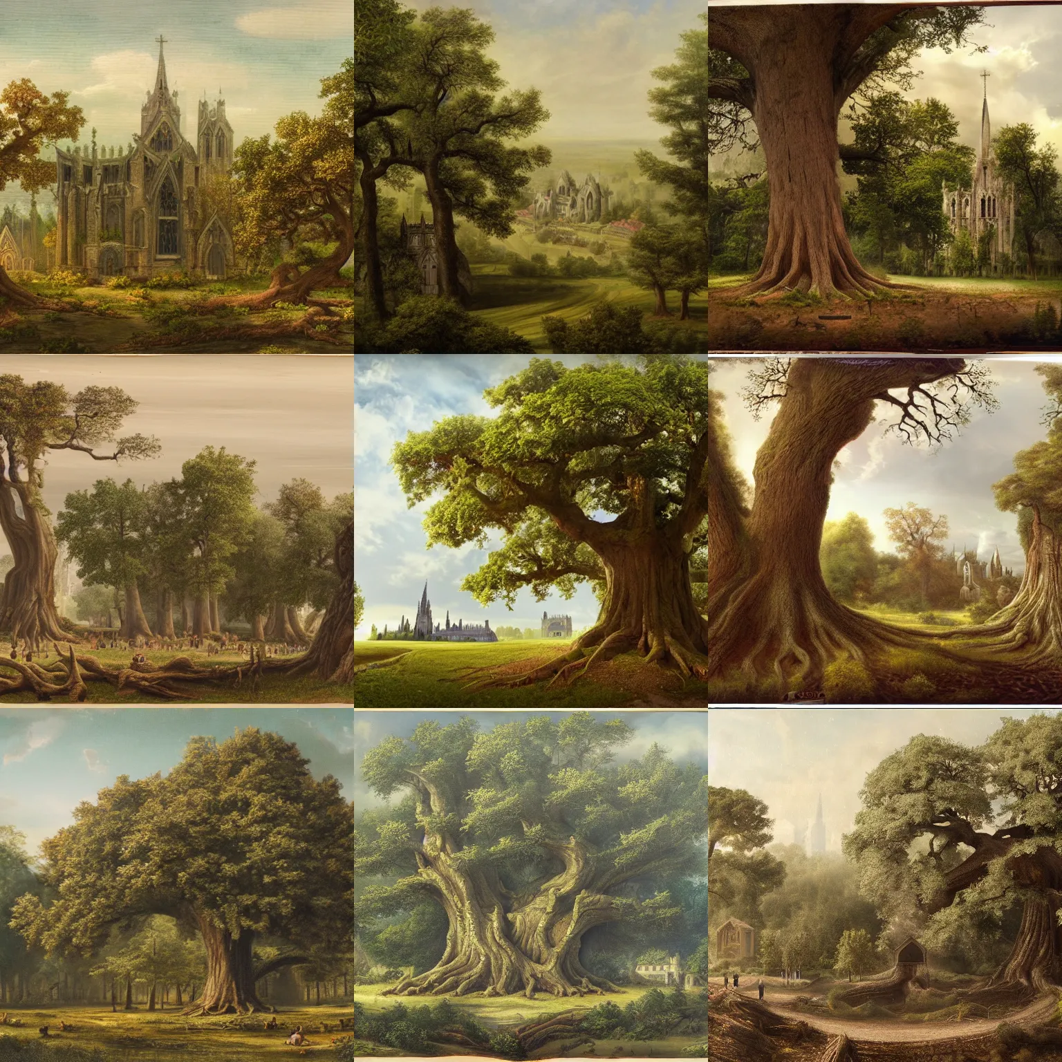 Prompt: a matte painting of a massive oversized oak tree in the middle of a forest. between tree roots, a lot of miniature houses and churches of a medieval city can be seen.