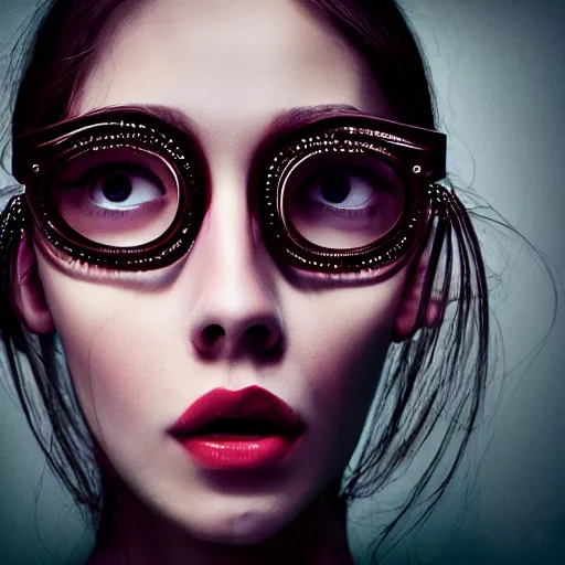 Image similar to surreal photography of beautiful female model portrait with four eyes, photography, cinematic, film still