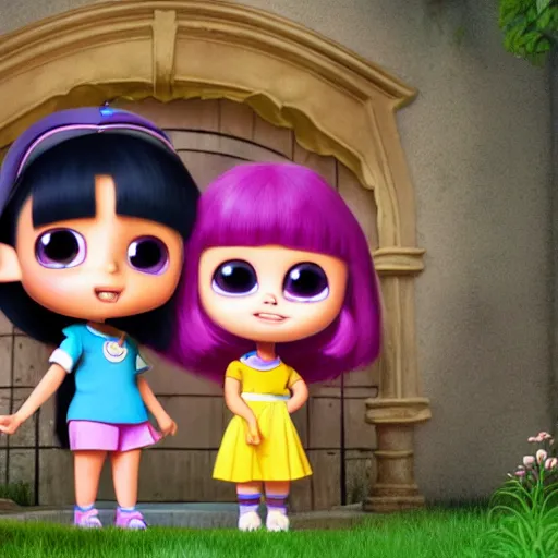 Prompt: Extremely cute and adorable 8k HD key visual of Dora The Explorer and Selena Gomez posing for the camera in an eerie haunted mansion in a creepy horror movie, official media, designed by Mark Ryden and artgerm and Margaret Keane. The art style is quite chibi, with large heads and big wide eyes. 3D render diorama Macro photography