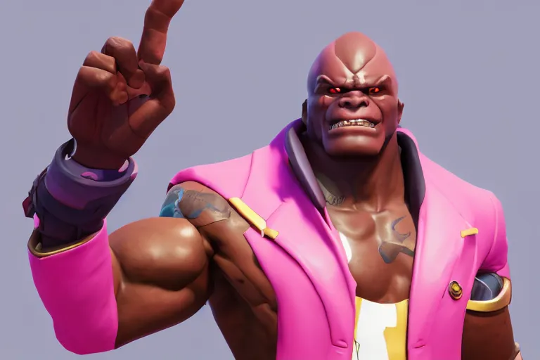 Image similar to doomfist, pink blazer, overwatch game, digital art, high detailed, unreal engine, artstation, 3 d render