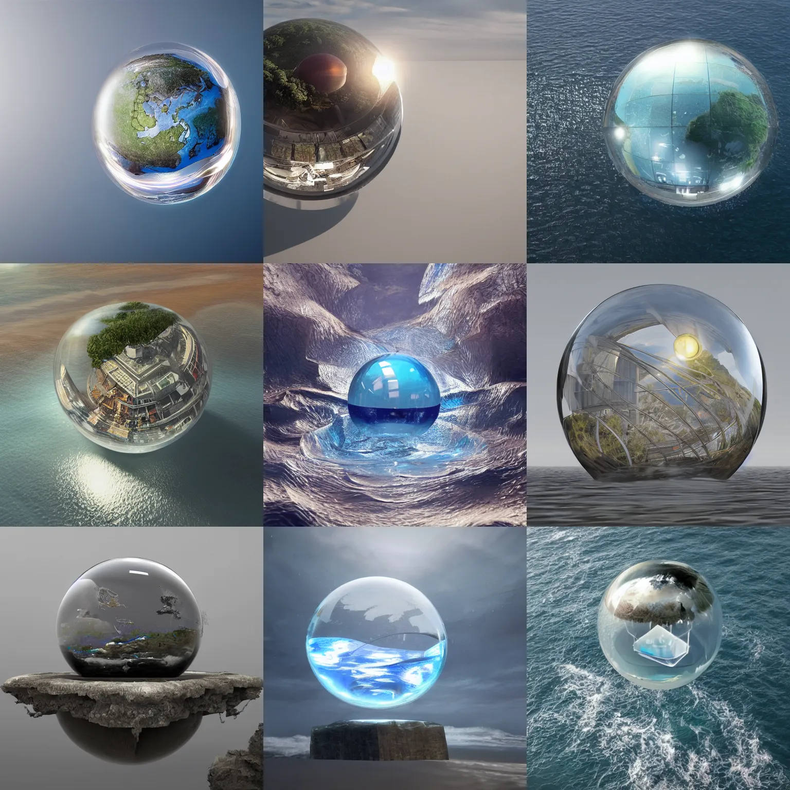 Prompt: A glass sphere hovers over the ocean, inside the sphere is a dark cube, 8k photorealistic, HD, high details, concept art, trending on artstation