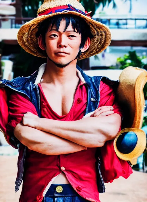 Image similar to A full portrait photo of real-life luffy one piece, f/22, 35mm, 2700K, lighting, perfect faces.