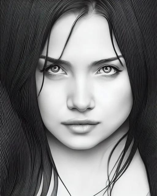 Image similar to full body portrait of a beautiful young woman in black and white, photorealistic, hair down to waist, sharp focus, in the style of Kevin Kostic, Stephen Lau and artgerm, hyper sharp focus, 8k highly detailed