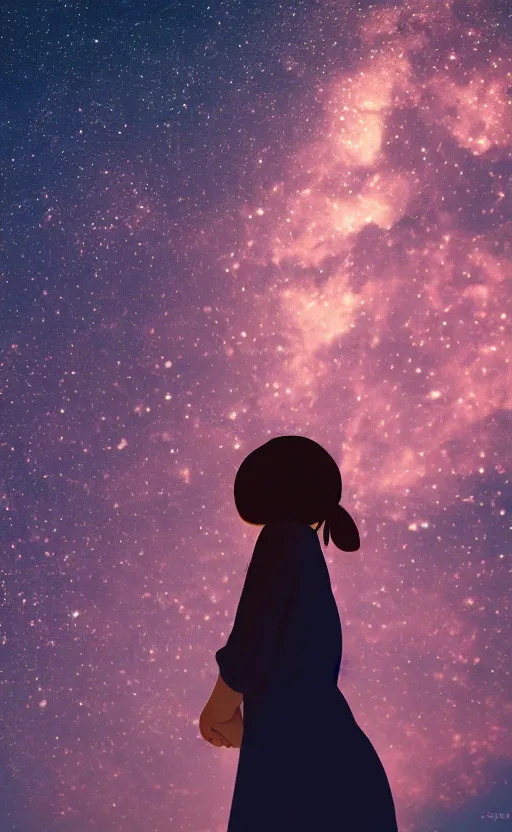 Image similar to Centred shot of anime girl looking up at the stars, bokeh background, ultra detailed, 8K