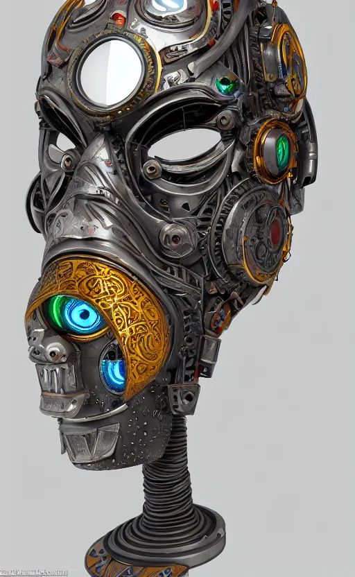 Image similar to cyberpunk tribal mask, robot, japanese pottery, vivid colors, wood, metal, intricate details, trending on cgsociety, concept art, glowing eyes, sharp focus, ultra realistic details, cinematic atmosphere, global illumination, shadows, octane render, 8 k