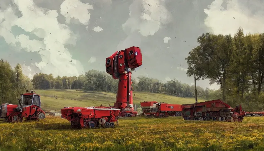 Prompt: a beautiful swedish farm with giant robots, art by jakub rozalski and simon stalenhag, realistic, hyperrealism 8 k resolution