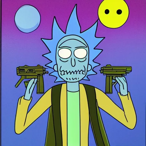 Image similar to portrait of alien rick holding a cybernetic rifle, rick and morty forever and forever a hundred years! g