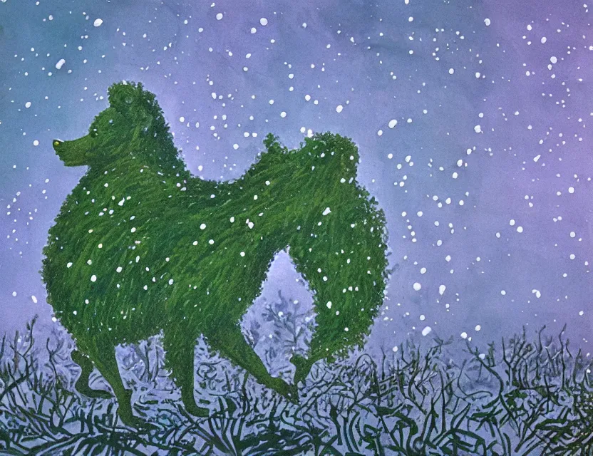 Prompt: wild, lush chia pet frolicking in snowy woods, stormy skies. russian fairytale art, gouache, dynamic composition, backlighting