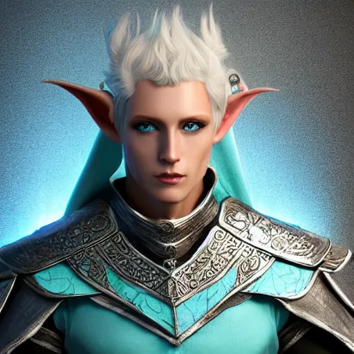 Image similar to handsome male snow elf in a turquoise cape and silver ornate armour, albino skin, elden ring, realistic, dnd character portrait, full body, dnd, rpg, lotr game design fanart by concept art, behance hd, artstation, deviantart, global illumination radiating a glowing aura global illumination ray tracing hdr render in unreal engine 5