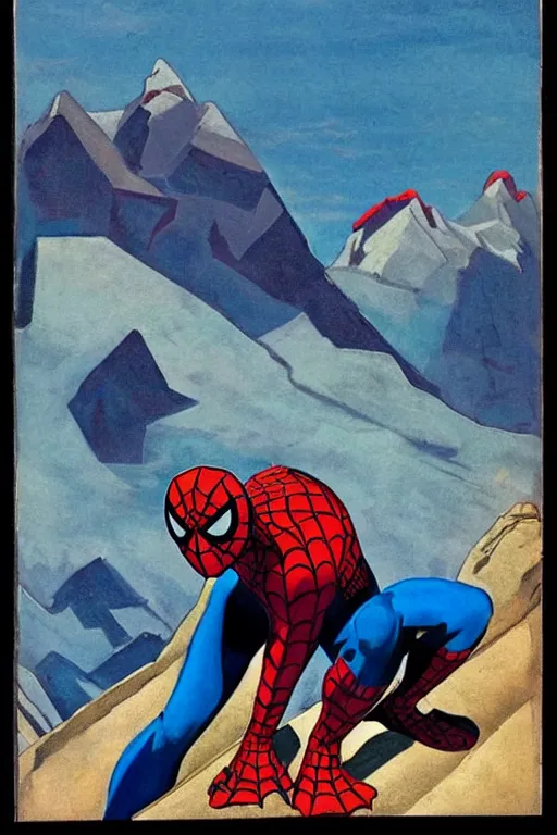 Prompt: spiderman stay on mountain, marvel, artwork by nicholas roerich,