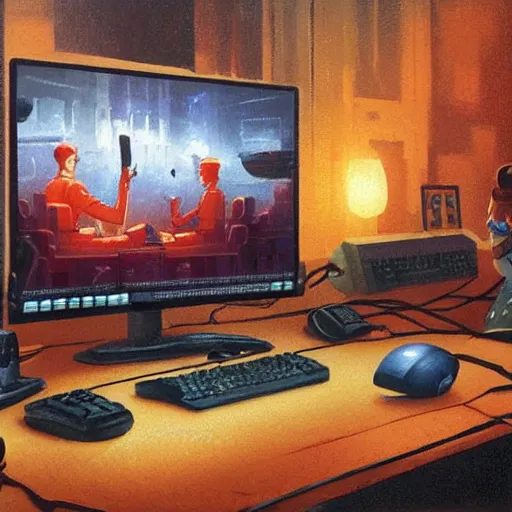 Prompt: soviet union ussr russian hybrid influencer sitting on chair on computer playing games on led keyboard and gaming mouse, russian, ussr, soviet union, led gaming, led gamers keyboard, dark and gloom, extremely detailed oil painting, rhads, Bruce Pennington, Studio Ghibli, tim hildebrandt, cinematic, octane render, beautiful composition, trending on artstation, award-winning photograph, masterpiece