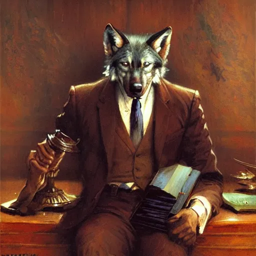 Prompt: a portrait of a wolf dogman canine lawyer. highly detailed painting by gaston bussiere, craig mullins, j. c. leyendecker, furry