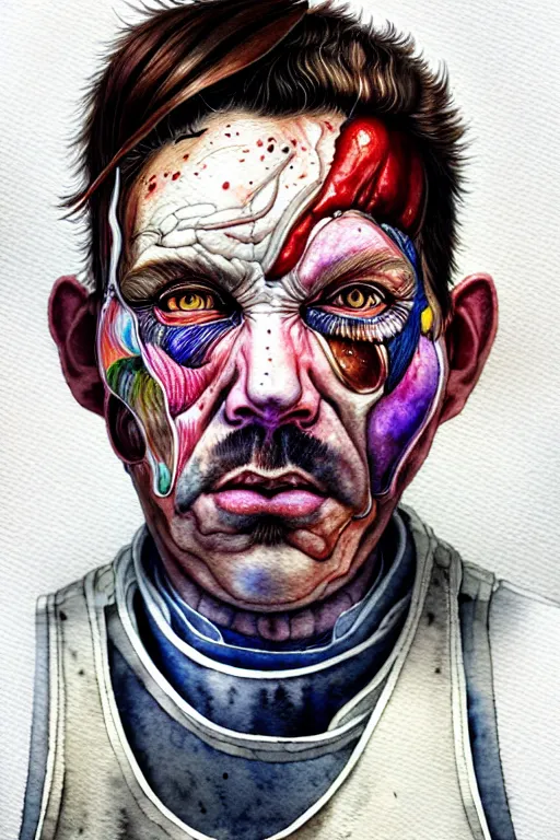 Prompt: watercolor portrait of a butcher with a white apron, robotic, outrun, painting, dramatic, detailed, by android jones