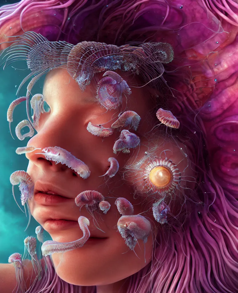 Image similar to goddess princess face close-up portrait ram skull. jellyfish phoenix head, nautilus, orchid, skull, betta fish, bioluminiscent creatures, intricate artwork by Tooth Wu and wlop and beeple. octane render, trending on artstation, greg rutkowski very coherent symmetrical artwork. cinematic, hyper realism, high detail, octane render, 8k