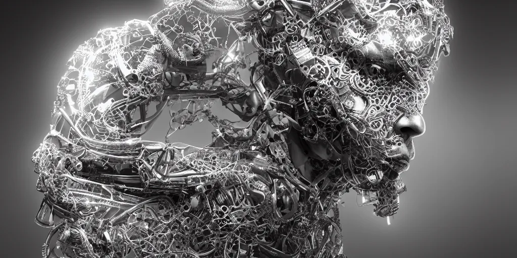 Image similar to hyperrealistic photography of a stunningly beautiful cyborg male, consciences being installed sci - fi, intimate, intricate filigree, fibonacci, in the style of beth cavener, jin kagetsu, and wlop, highly detailed, chrome face symmetry, masterpiece, award winning, sharp focus, concept art, high key, ambient lighting, 8 k, octane render,