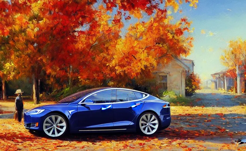 Prompt: new tesla model s on an autumn street by vladimir volegov