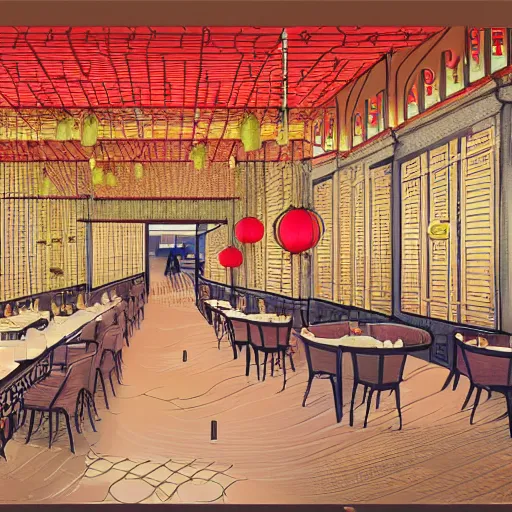 Prompt: a beautiful hyperdetailed interior 4 k hd wallpaper illustration of roasted string hotpot restaurant restaurant yan'an, corner, simple style, wall painting, from china, with merchant logo, fine delicate structure, surrealistic, chinese style, victo ngai