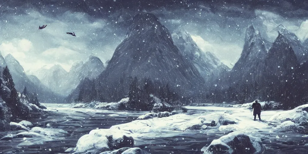 Image similar to A majestic landscape featuring a river, mountains and a forest. A small group of birds is flying in the sky. Harsh winter. very windy. There is a man walking in a deep snow.Camera is closely following the man. Cinematic, very beautiful, painting in the style of Lord of the rings