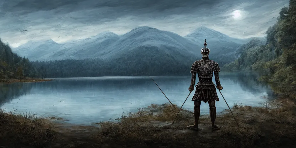 Image similar to beautiful landscape of small lake at midday with distant mountains and close - up of a symmetric detailed man in realistic detailed medieval armor facing off against a monster, ultra realistic, epic, highly detailed, hd, sharp focus, cinematic lighting, realistic, vivid colors, gritty, matt painting, digital art, non blurry, sharp, artstation, concept art, smooth, illustration