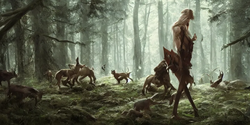 Image similar to 'wood-elf surrounded by animals in the woods, art by Greg Rutkowski, 4k'