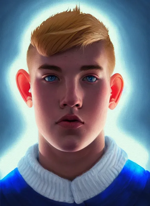 Image similar to portrait of high school senior boy named big moose, blonde short hair, jock, beefy, wide face, square jaw, square facial structure, blue varsity jacket with letter r, intricate, elegant, glowing lights, highly detailed, digital painting, artstation, concept art, sharp focus, illustration, art by wlop, mars ravelo and greg rutkowski