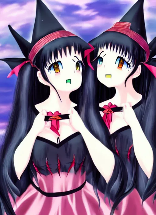 Prompt: two beautiful witches with twintails taunting each other, gorgeous faces, smooth, detailed anime art